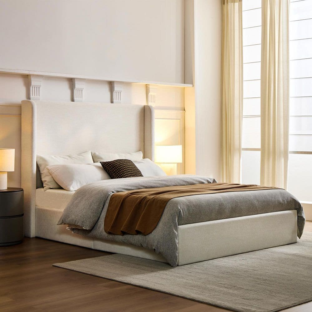 Kilby White Wood Frame King Size Platform Bed with Upholstered Wingback High Headboard Ivory - thumbnail 9