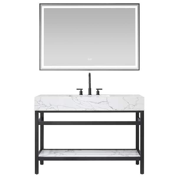 ROSWELL Ecija 48 in. W x 22 in. D x 33.9 in. H Single Sink Bath Vanity in Matte Black with White Stone Top and Mirror