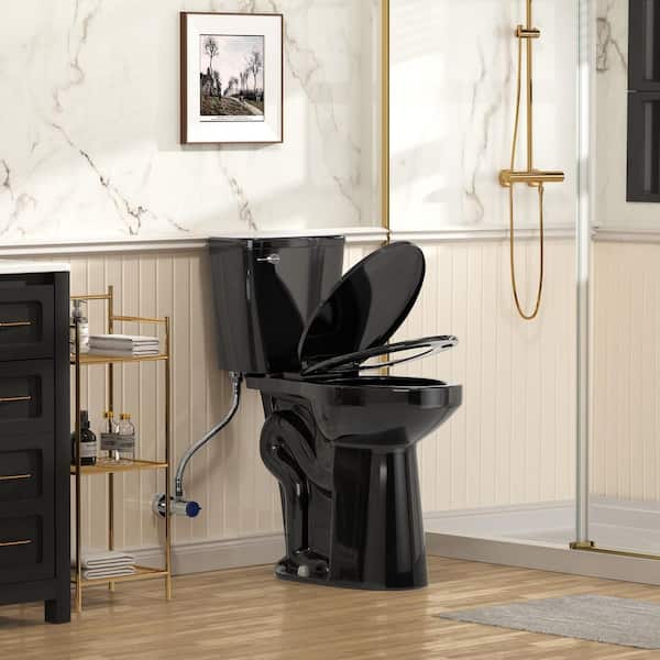 21 in. Tall 1.28 GPF 12 in. Rough in Floor-Mounted 2-Piece Single Flush Elongated Toilet in Black with Seat
