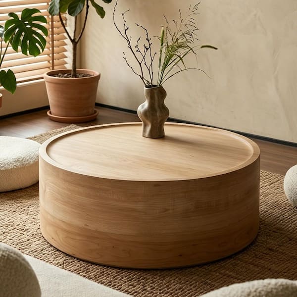 Mayda 31.49 in. Natural Round Wood Coffee Table, Modern Drum Circle Coffee Table