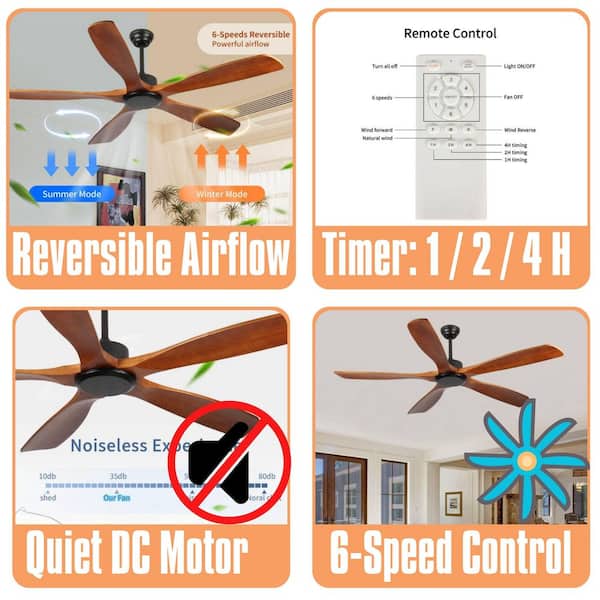 60-Inch Brown Wood Ceiling Fan Without Light, Reversible DC Motor, 6-Speed Remote, Timer, Downrod Mount,Powerful Airflow