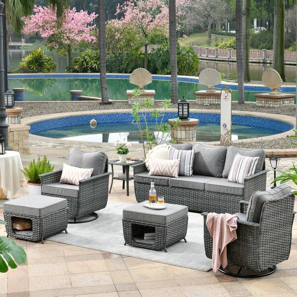 OVIOS Fortune Dark Gray 6-Piece Wicker Outdoor Patio Conversation Set with Dark Gray Cushions and Swivel Chairs