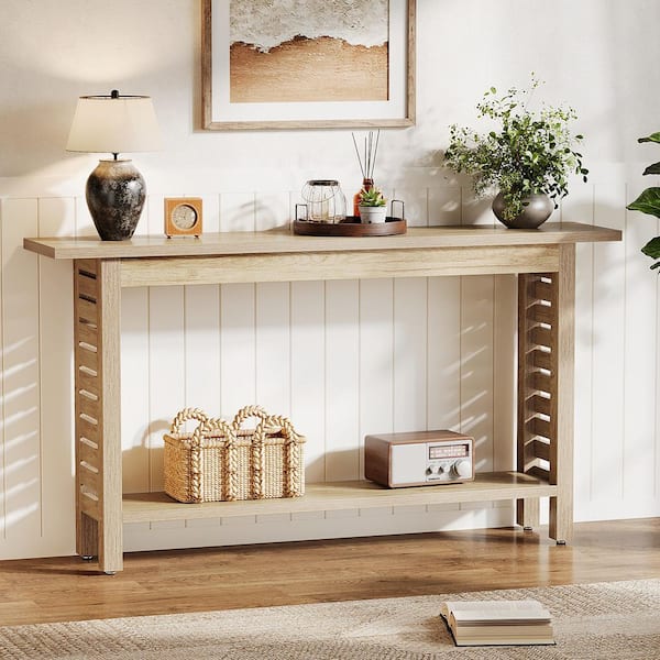 63 in. Farmhouse Oak Rectangle Wood Console Table with 2-Tier Storage, Narrow Entryway Table for Hallway Living Room