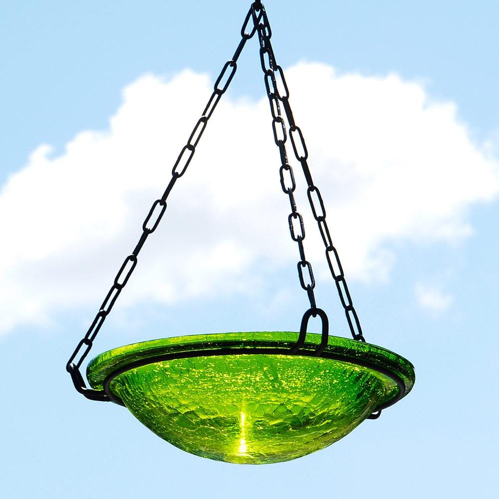 Fern Green Crackle Glass Hanging Birdbath Bowl