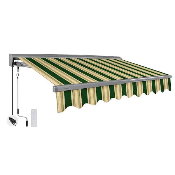 10 ft. Classic Series Semi-Cassette Electric w/ Remote Retractable Patio Awning, Green Beige Stripes (8 ft. Projection)