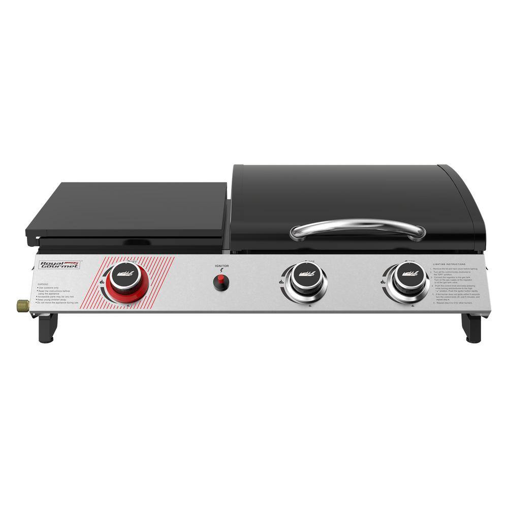 Royal Gourmet 3-Burner Portable Gas Griddle with Side Burner, 3-in-1 Grill and Griddle Combo Station with Lid, 405 Sq. in., Silver