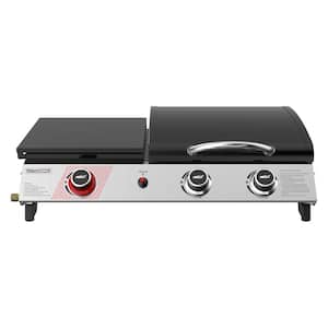 3-Burner Portable Gas Griddle with Side Burner, 3-in-1 Grill and Griddle Combo Station with Lid, 405 Sq. in., Silver