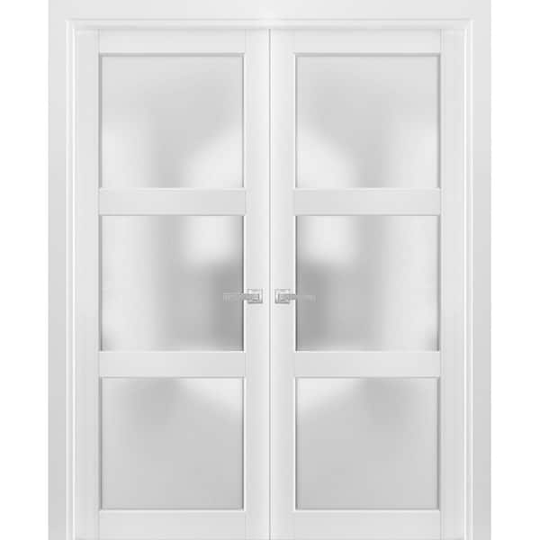 84 in. x 80 in. 2 Panel White Finished Solid Wood Sliding Door with Hardware