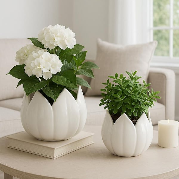 Liv & Skye 8 in. x 8 in. White Ceramic Tulip Petal Decorative Pots