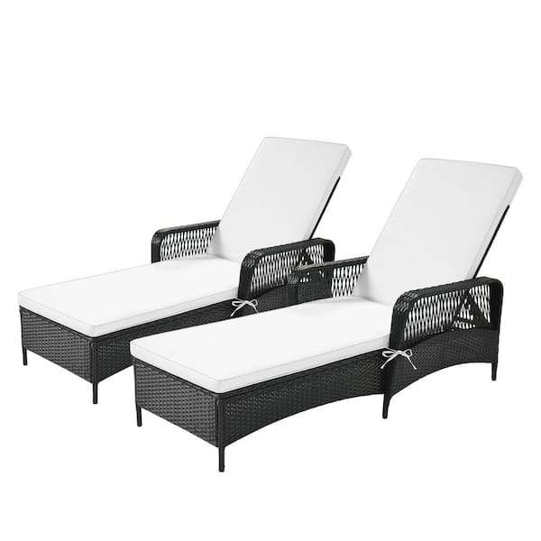 Jushua 2-Piece Patio Wicker Chair Outdoor PE Rattan Wicker Lounger With Adjustable Backrest and Beige Cushion