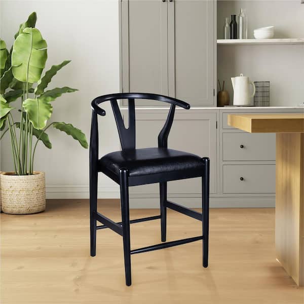 Wishbone 24in. Black High Back Wood Kitchen Counter Stool with Faux Leather Seat-Black Finish-1 Counter Stool