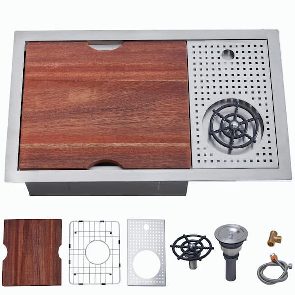 23 in. Undermount Single Bowl 16-Gauge Stainless Steel Workstation Bar Sink with Glass Rinser and Cutting Board