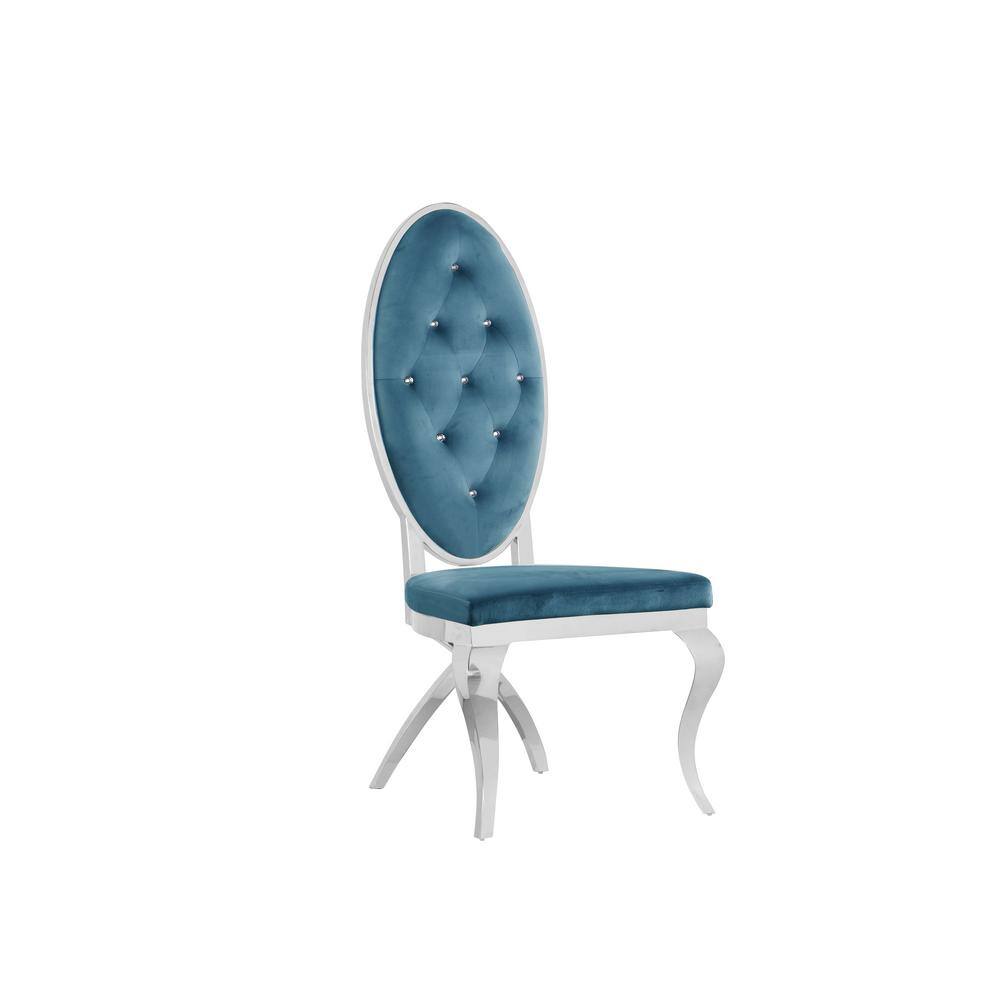 Teal Velvet and Glass 94" Dining Set with Silver Base