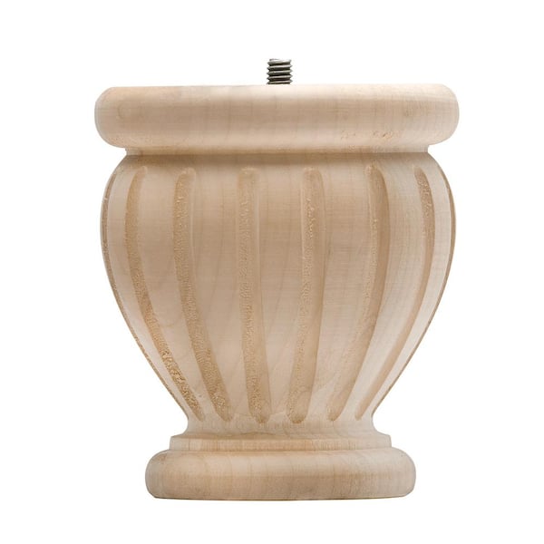 Waddell Lily Fluted Bun Foot with Hanger Bolt - 4 in. H x 4.5 in. Dia. - Sanded Unfinished Hardwood - Legs for Sofas and Stools