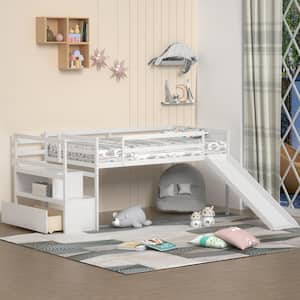 White Twin Low Loft Bed with Stairs and Slide