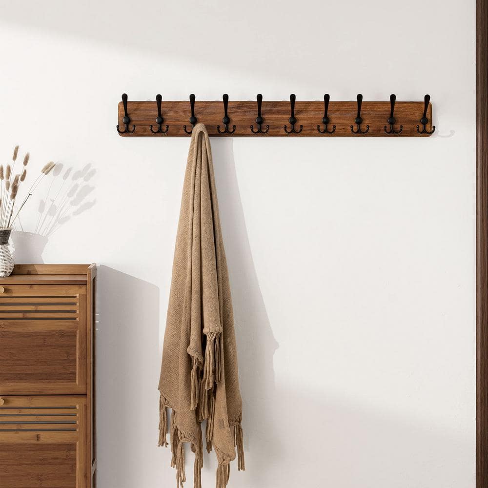 Brown and Black 38.6 in. Long Farmhouse Wood Coat Rack Wall Mount with 10-H