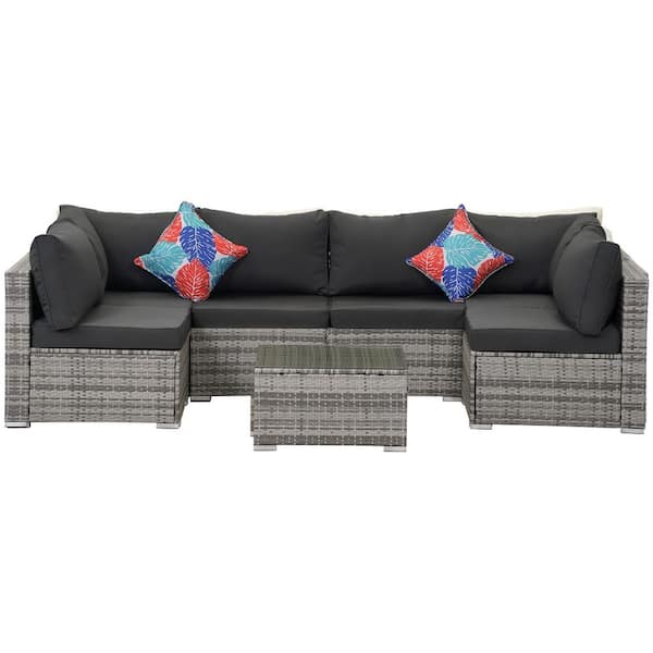 Zeus & Ruta 7-Piece Grey Wicker Outdoor Sectional Set with Gray Cushions and Coffee Table