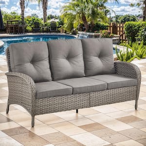 Carlos Gray Wicker Patio Sofa 3-Seater Seactional Outdoor Couch with Thick Deep CushionGuard Gray Cushions