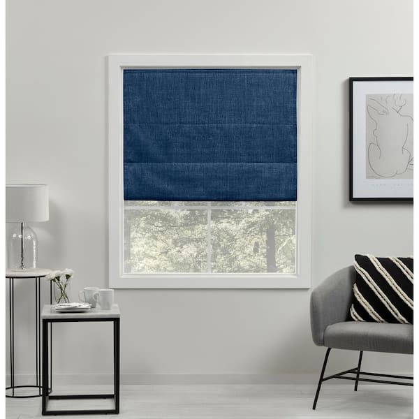 EXCLUSIVE HOME Acadia Chambray Blue Cordless Total Blackout Polyester Roman Shade 23 in. W x 64 in. L