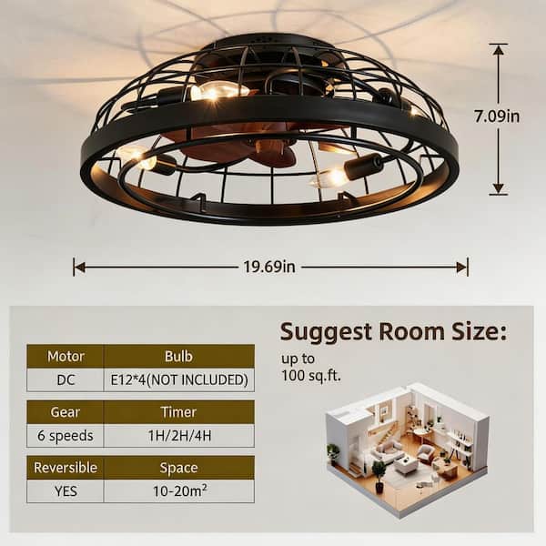JUSHENG 19.7 in. 4-Light Black Caged Flush Mount Ceiling Fan with