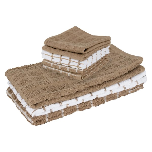 RITZ Mocha Brown 3-Pack Terry Check Kitchen Towel Set and 6-Pack Terry Check Dish Cloth Set