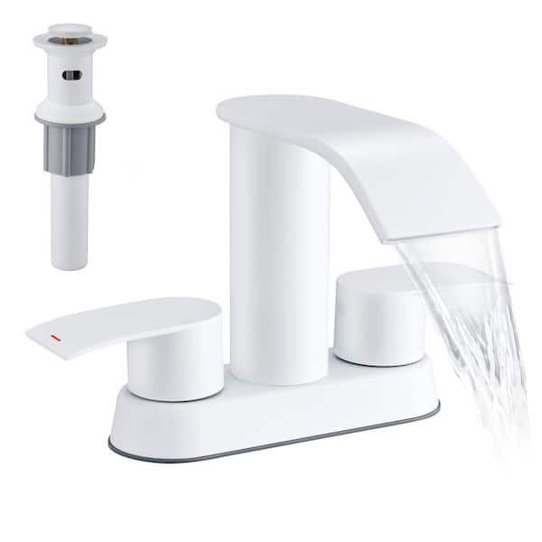 4 in. Centerset Double Handle Waterfall Spout Bathroom Vessel Sink Faucet with Pop Up Drain Kit in Matte White
