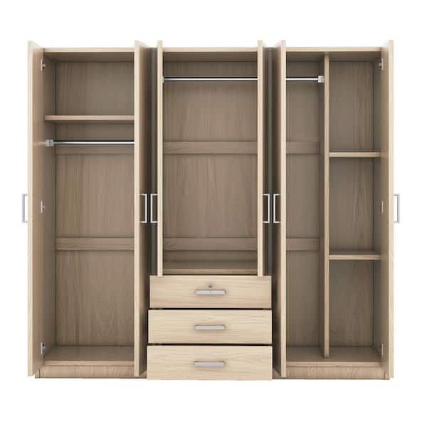 Harper & Bright Designs Brown Wood 70.9 in. 6-Door Wardrobe Armoire with  3-Drawers, 5-Storage Shelves and 3-Hanging Rails HTC005AAD