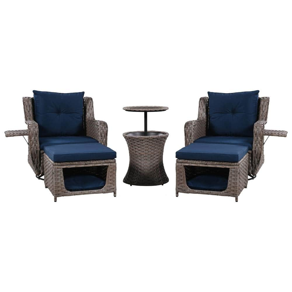 Brown 5-piece Wicker Outdoor Patio Conversation Set with Blue Cushions and Swivel Rocking Chairs, Retractable Side Tray -  matrix decor, MD-SK000006AAC