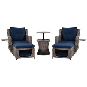 Brown 5-piece Wicker Outdoor Patio Conversation Set with Blue Cushions and Swivel Rocking Chairs, Retractable Side Tray