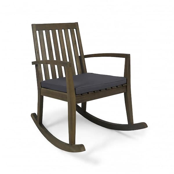 Brown Acacia Wood Outdoor Rocking Chair with Gray Water-resistant Cushions, Machine-washable Cushion Cover