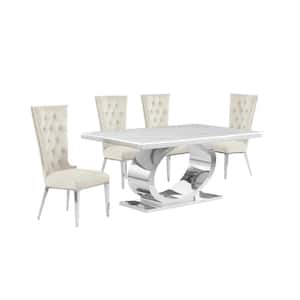 Ibraim 5-Piece Rectangle White Marble Top With Stainless Steel Base Dining Set With 4 Cream Velvet Fabric Chairs