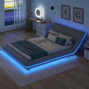 Gray Wood Frame Queen Size PU Leather Upholstered Platform Bed with LED Lights, Sloped Headboard