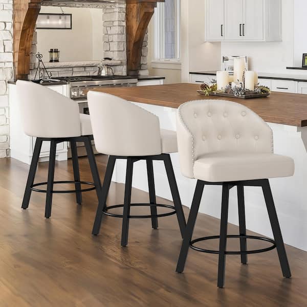 LUE BONA Arturo 26 in.White Faux Leather Upholstered Swivel Bar Stool with Metal Frame Nailhead Counter Barstool Set of 3