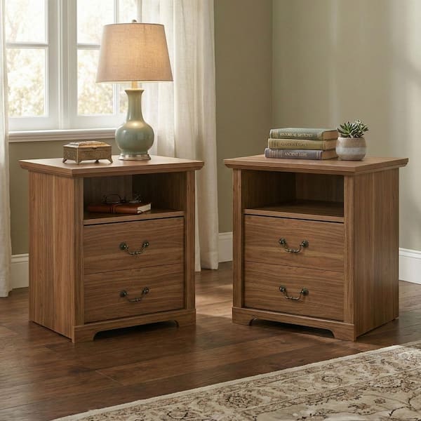 Dena Walnut 2-Drawer 22 in. W Nightstand Set of 2