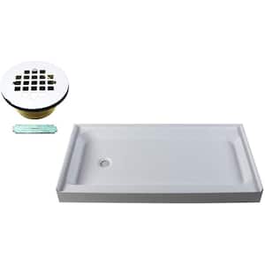 60 in. x 34 in. Single Threshold Alcove Shower Pan Base with Left Hand Brass Drain in Powder Coat White