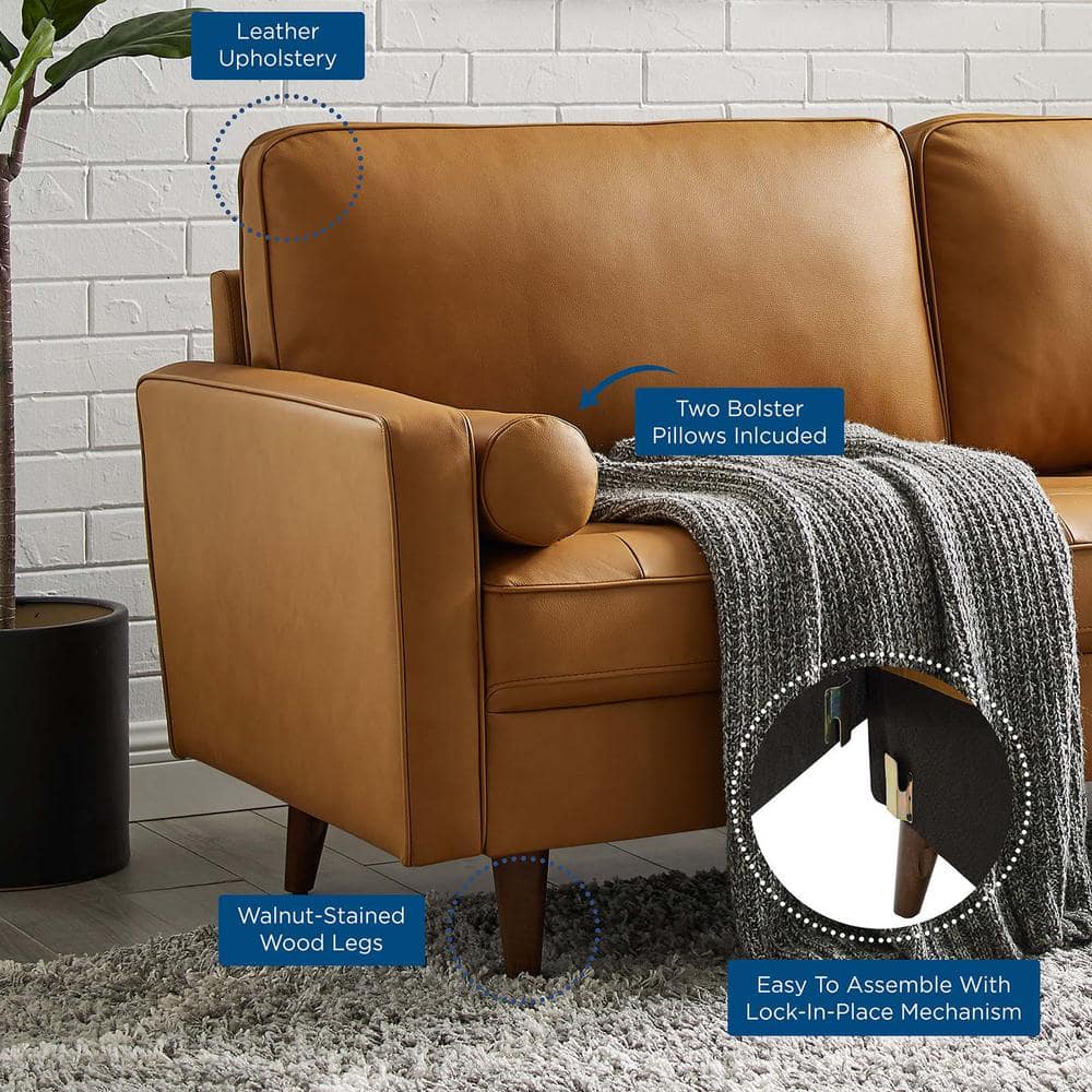 Mid-Century 73'' Tufted Brown Leather Sofa with Walnut Wood Legs