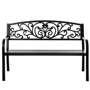 Black Patio Garden Park Yard 50 in. Outdoor Steel Bench Powder Coated with Cast Iron Back