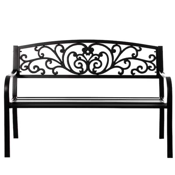 Gardenised Black Patio Garden Park Yard 50 in. Outdoor Steel Bench Powder Coated with Cast Iron Back