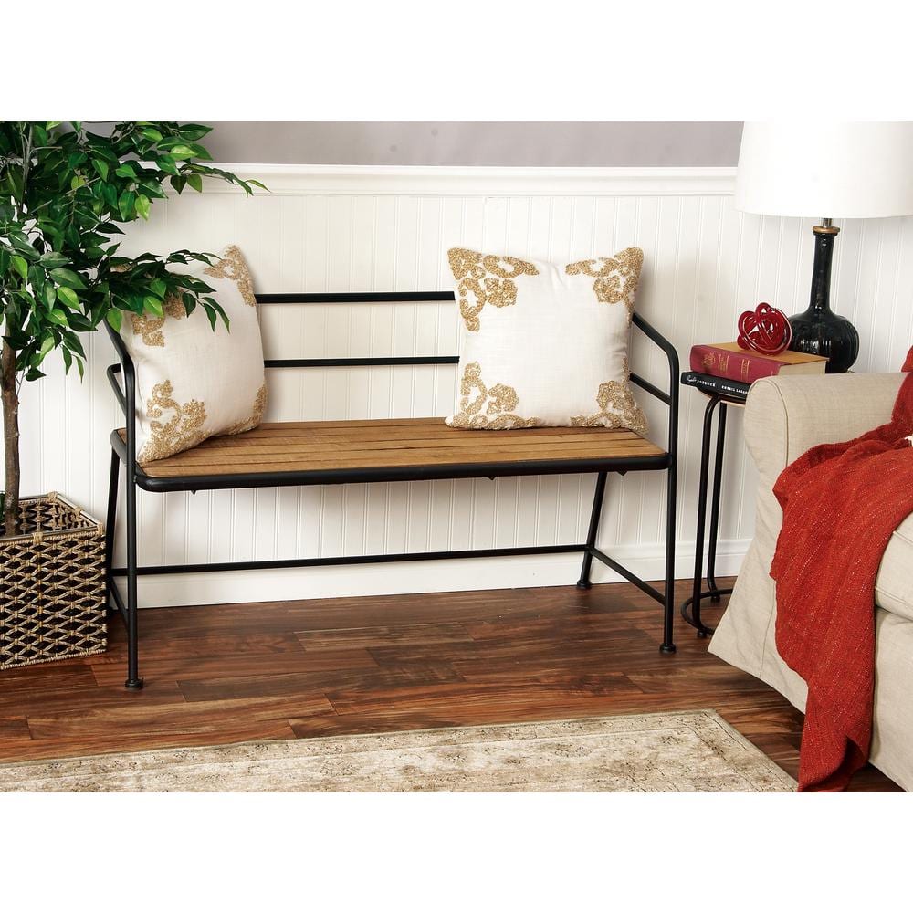 Industrial Black Metal and Brown Wood Slat Bench