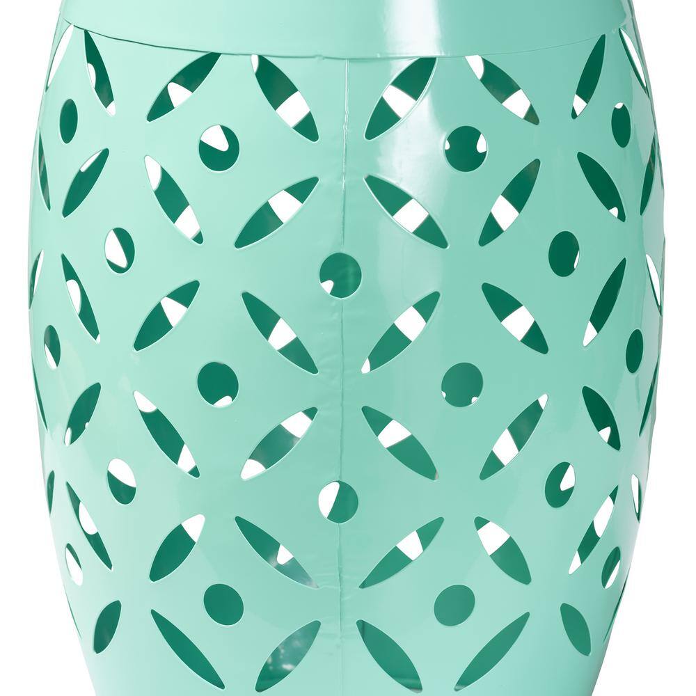 Aqua Blue Metal Barrel Outdoor Side Table with Cut-Out Design