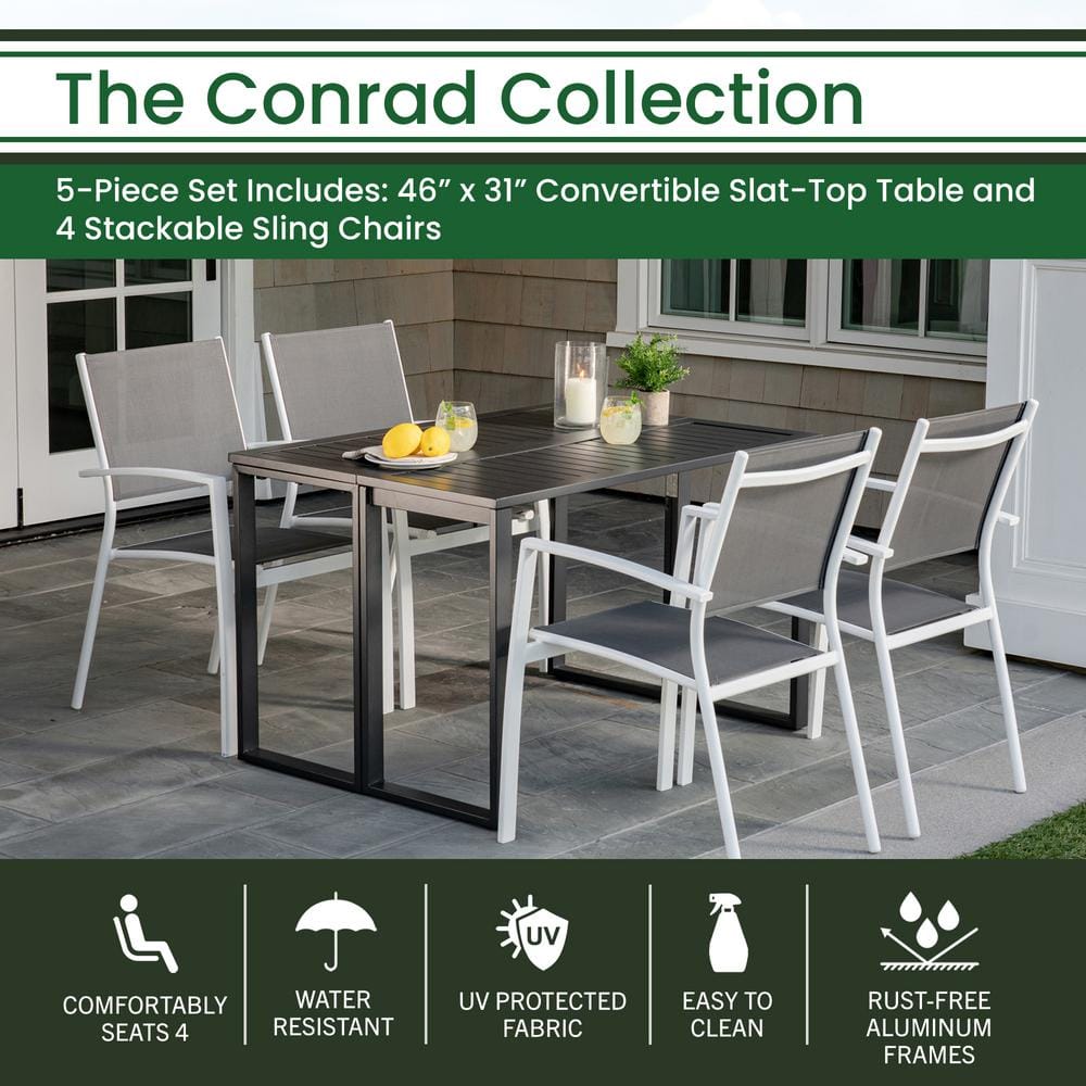 Compact 5-Piece Outdoor Dining Set with Foldable Slat-Top Table and Stackable Chairs in White/Gray