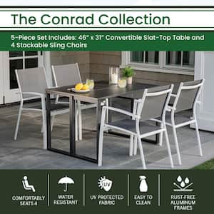 Conrad White 5-Piece Aluminum Outdoor Dining Set with 4 Stackable Sling Chairs and Convertible Slatted Table