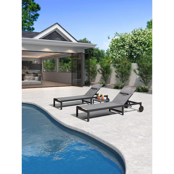 PURPLE LEAF 3-Pieces Aluminum Outdoor Patio Metal Lounge Chair Set with Face Down Hole Chairs Wheels Pillows and Table, Grey