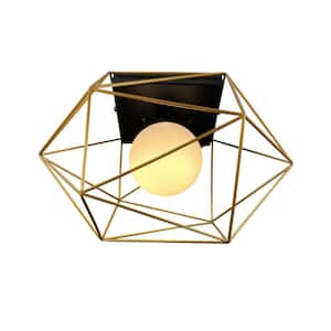 Yumil 14 in. 1-Light Black Semi-Flush Mount with Gold elements