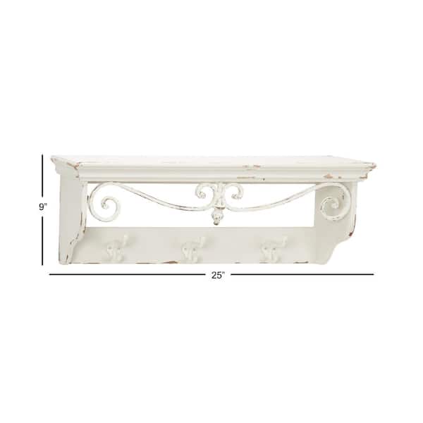 Hook Rack And Iron Scrollwork, Distressed White Wood Wall Shelves