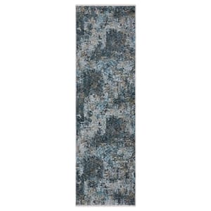 Haven Blue/Gray 2 ft. x 8 ft. Abstract Interstellar Polyester Fringed Indoor Runner Area Rug