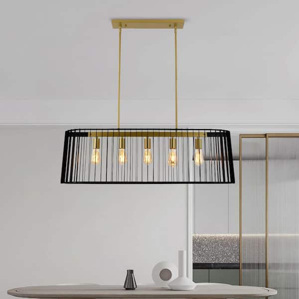 Madison 5-Light 40 In. Gold Farmhouse Rectangle Dimmable Chandeliers With Wrought Iron Accents Dining Foyer Lighting