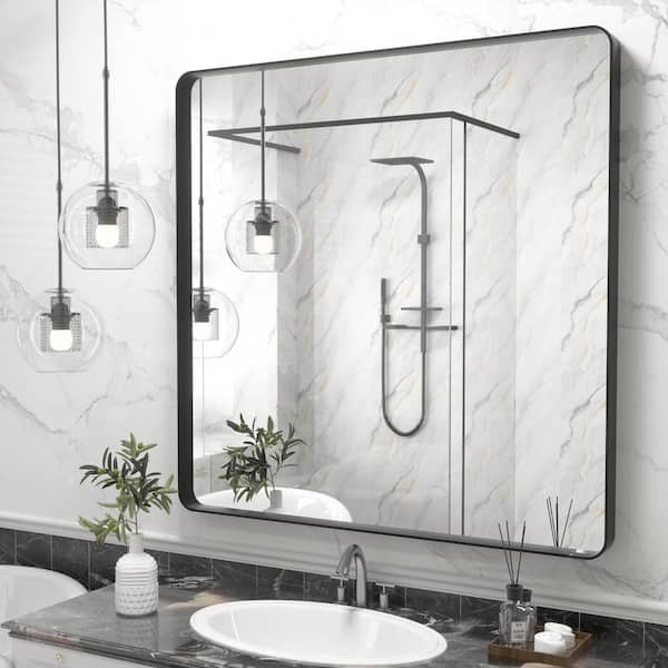 36 in. W x 36 in. H Square Aluminum Alloy Framed and Tempered Glass Wall Bathroom Vanity Mirror in Matte Black