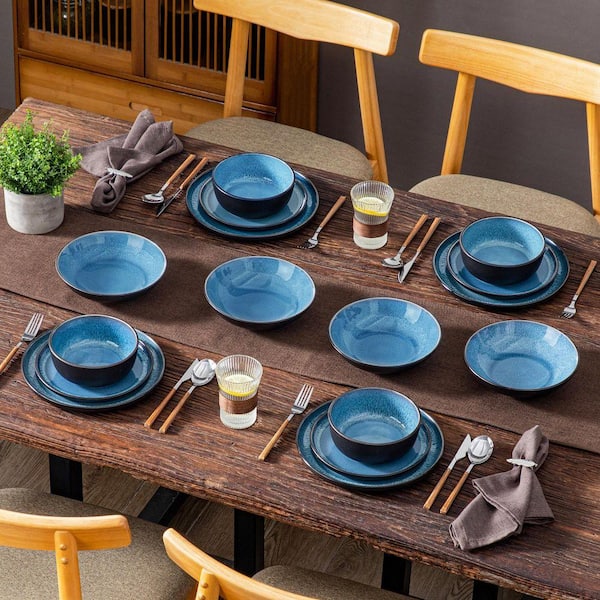 vancasso 16-Piece Blue and Black Stoneware Dinnerware Set Service