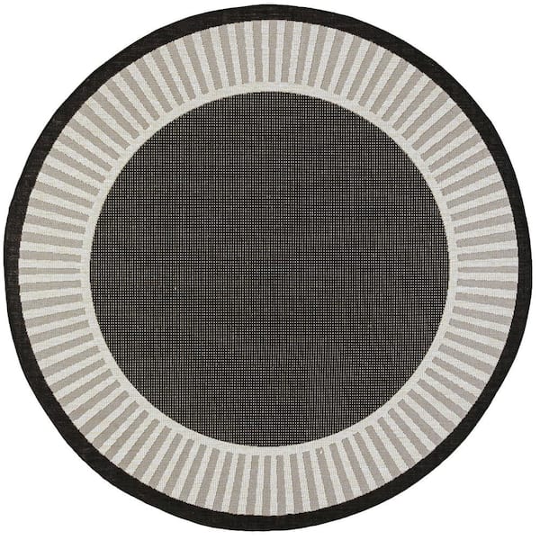 Tayse Rugs Eco Striped Border Black 8 ft. Round Indoor/Outdoor Area Rug
